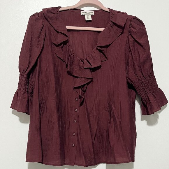 Laura Ashley Tops - Laura Ashley Womens Puff Sleeve Blouse L Maroon Ruffle Dark Cottage Victorian
